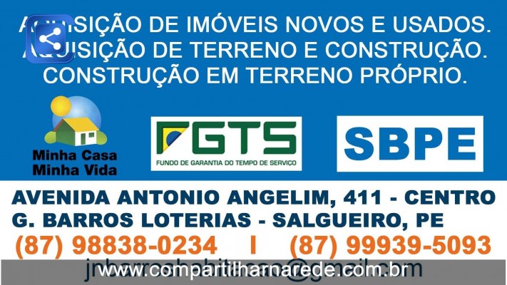 Compra de Terrenos (financiado), em Salgueiro, PE - Correspondente Imobiliário Caixa Neide Barros