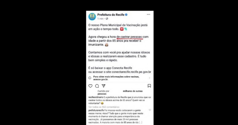 Prefeitura do Recife vira meme ao publicar sobre vacina