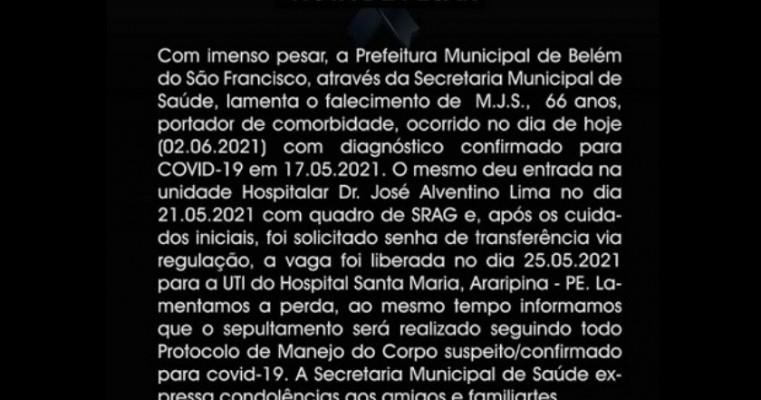 Prefeitura de Belém do São Francisco lamenta 13ª morte decorrente da Covid-19 no município