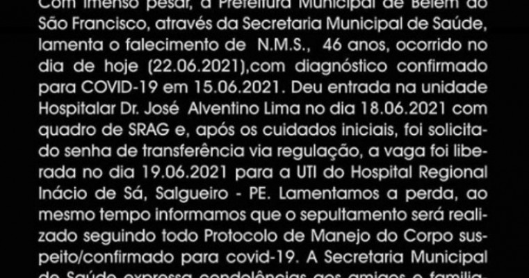 Secretaria de Saúde de Belém do São Francisco lamenta morte de mais um belemita vítima da Covid-19