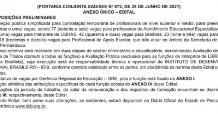 Secretaria de Educação de Pernambuco publica edital de seleção simplifica com 21 vagas para a GRE de Salgueiro