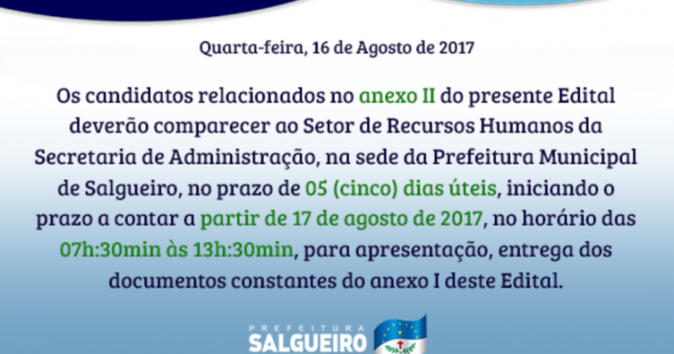 Salgueiro, 16 de Agosto de 2017 EDITAL DE CONVOCAÇÃO Nº 01/2017 - SELEÇÃO NASF
