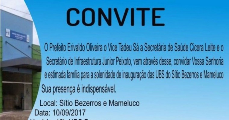 Prefeito Erivaldo Oliveira entrega duas UBS´s nesse final de semana na Zona Rural do município