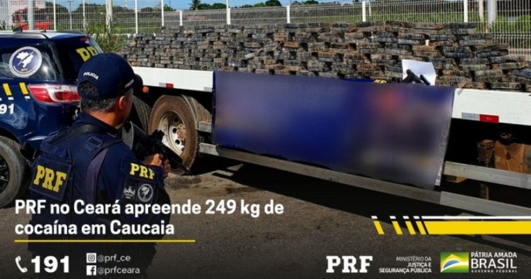 PRF no Ceará prende motorista com cerca de 250 Kg de cocaína e uma pistola escondido em caminhão guincho