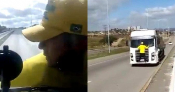 Em Caruaru, caminhão leva bolsonarista pendurado no para-brisa