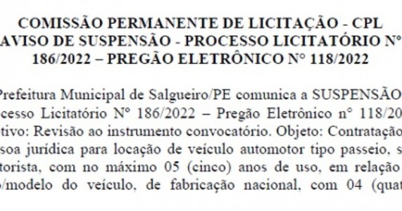 Prefeitura de Salgueiro suspende licitação após vereadores questionarem aluguel de carro por R$368 mil