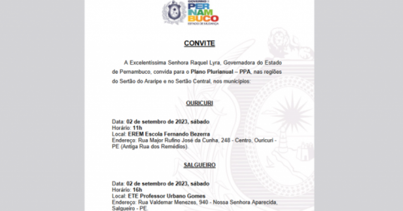 Governadora Raquel Lyra realiza plenária em Salgueiro para debater Plano Plurianual Estadual