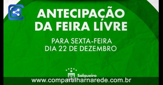 Prefeitura de antecipa feira livre do sábado (23) para a sexta-feira (22) em razão do Aniversário do Município