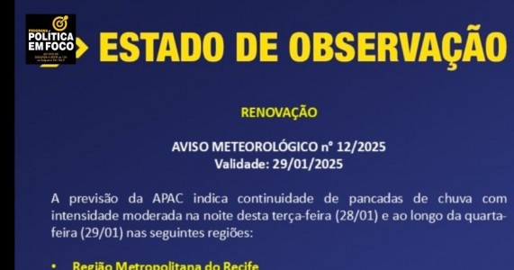 PERNAMBUCO: APAC  prevê continuidade de chuva nesta quarta-feira em todas as regiões do estado*