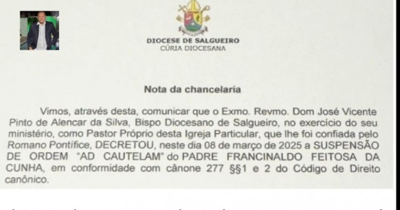 Bispo da Diocese de Salgueiro suspende padre do “Uso da Ordem”