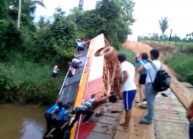 Ônibus escolar com 25 alunos cai em ponte na zona rural de Buritis, RO