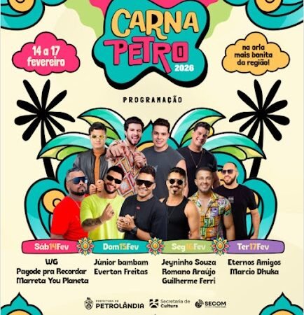 Prefeitura de Petrolândia anuncia programação do Carnaval 2026 com atrações de 14 a 17 de fevereiro