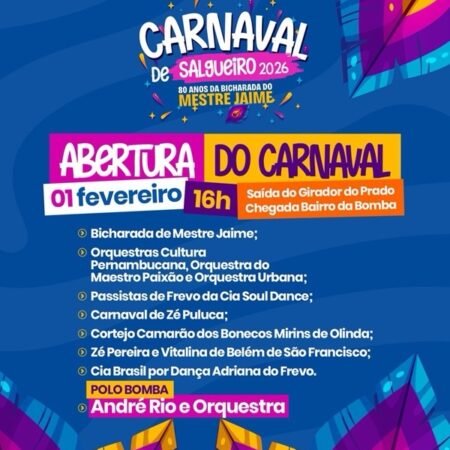 Salgueiro inicia prévias carnavalescas no dia 1° de fevereiro, com arrastão cultural e show de André Rio