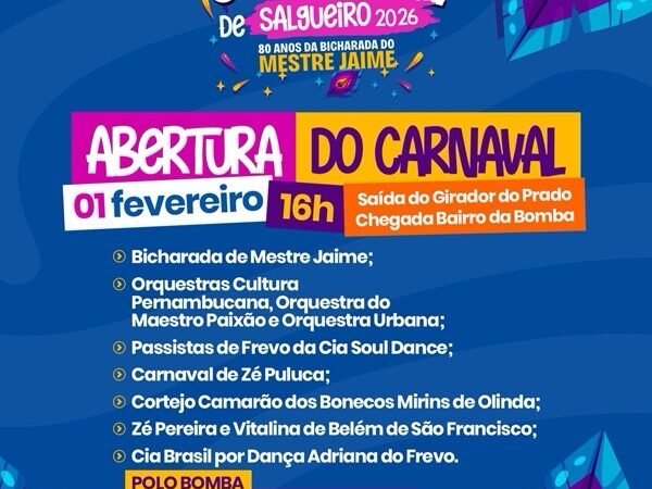 Salgueiro inicia prévias carnavalescas no dia 1° de fevereiro, com arrastão cultural e show de André Rio